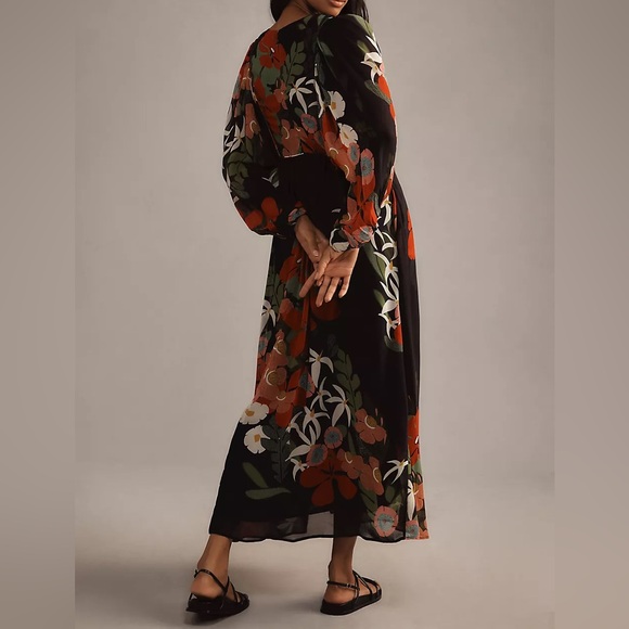 Farm Rio For Anthropologie Long-Sleeve V-Neck Black Floral Maxi Dress Size S - Picture 6 of 13